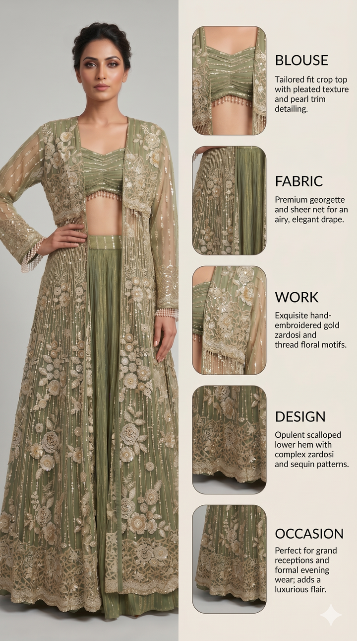 Sage Green Embroidered Jacket Style Lehenga Set with Bralette