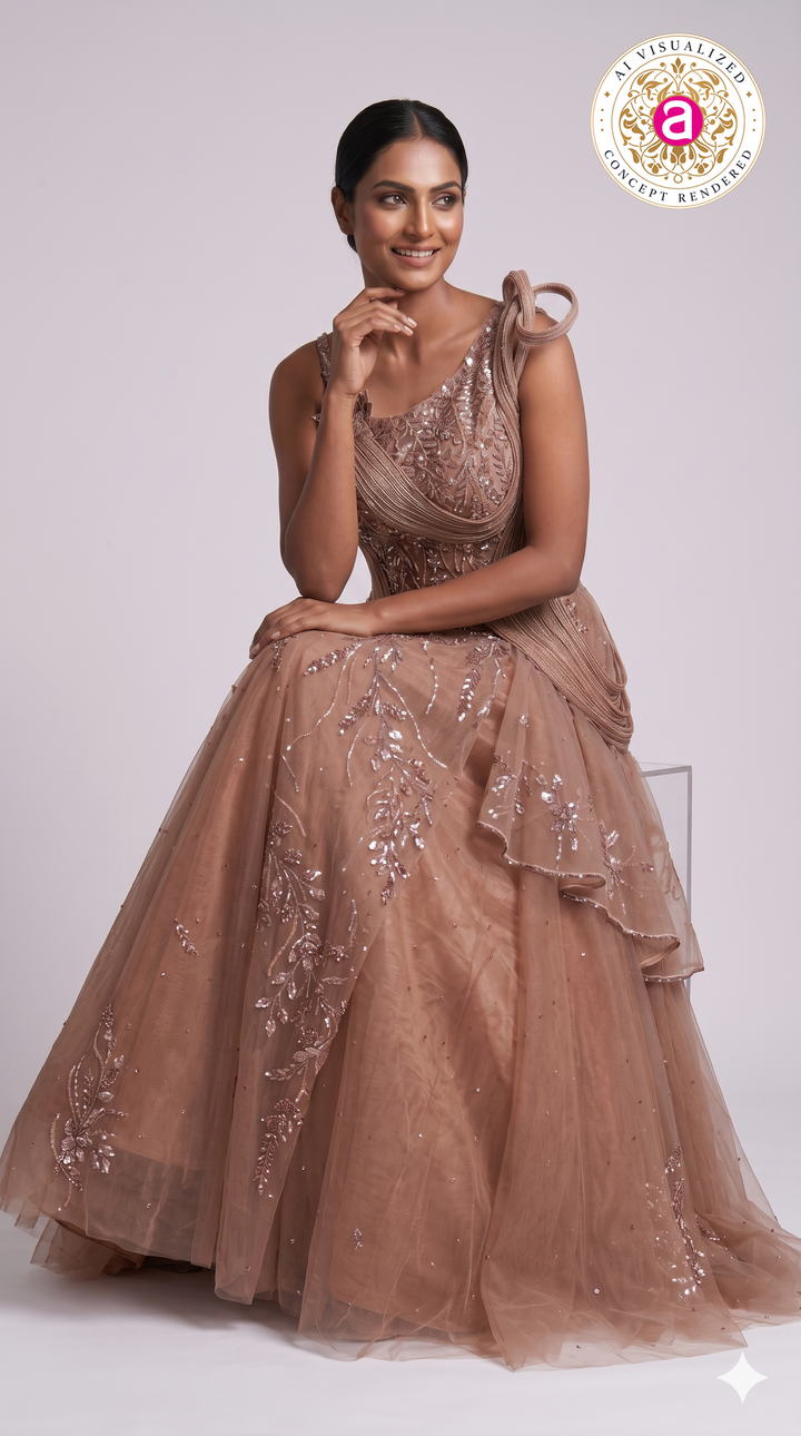 Rose Taupe Embellished Couture Ball Gown with Draped Bodice