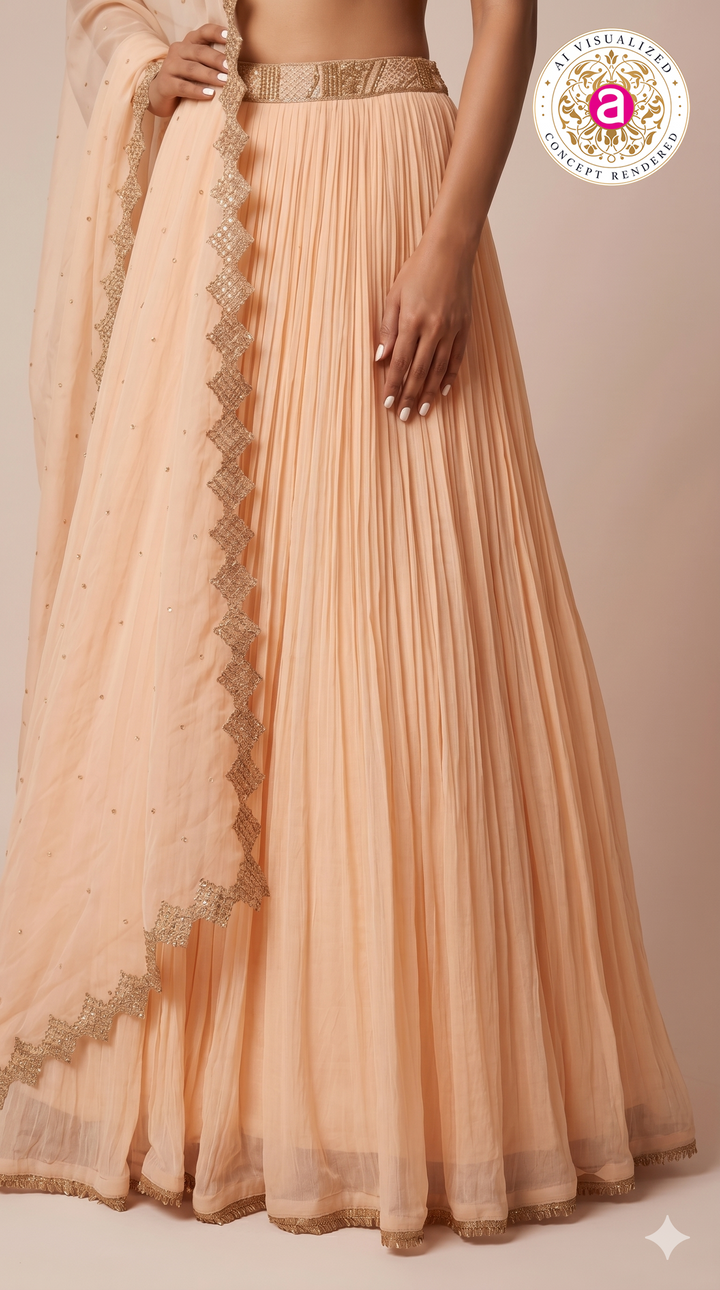 Peach Pleated Lehenga Set with Embroidered Bralette & Organza Dupatta