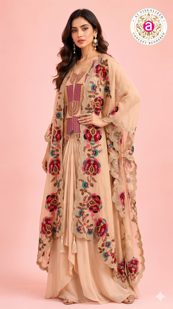 Peach Embroidered Palazzo Set with Handwork Cape Dupatta