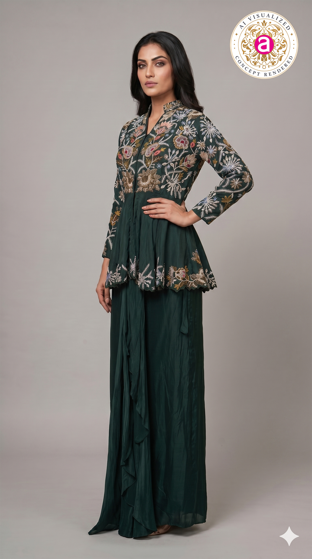Emerald Green Embroidered Indo-Western Co-Ord Set with Peplum Jacket