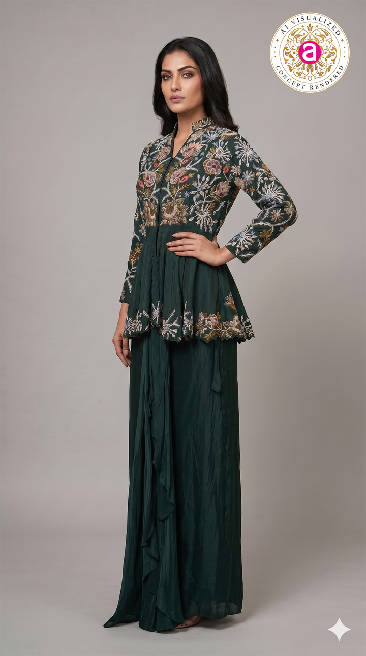 Emerald Green Embroidered Indo-Western Co-Ord Set with Peplum Jacket