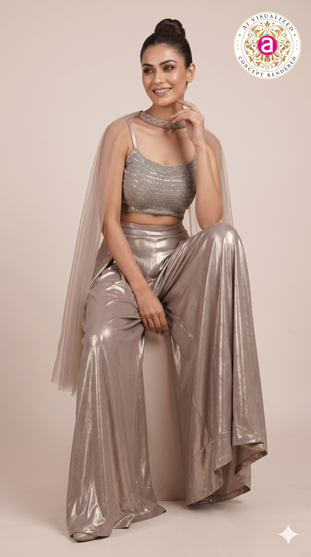 Champagne Beige Embellished Co-Ord Set with Cape Sleeves