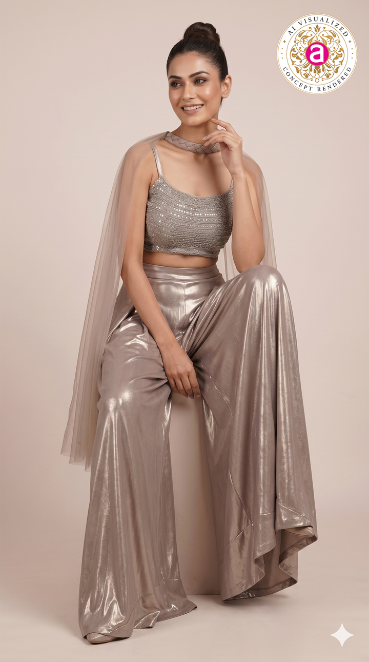 Champagne Beige Embellished Co-Ord Set with Cape Sleeves
