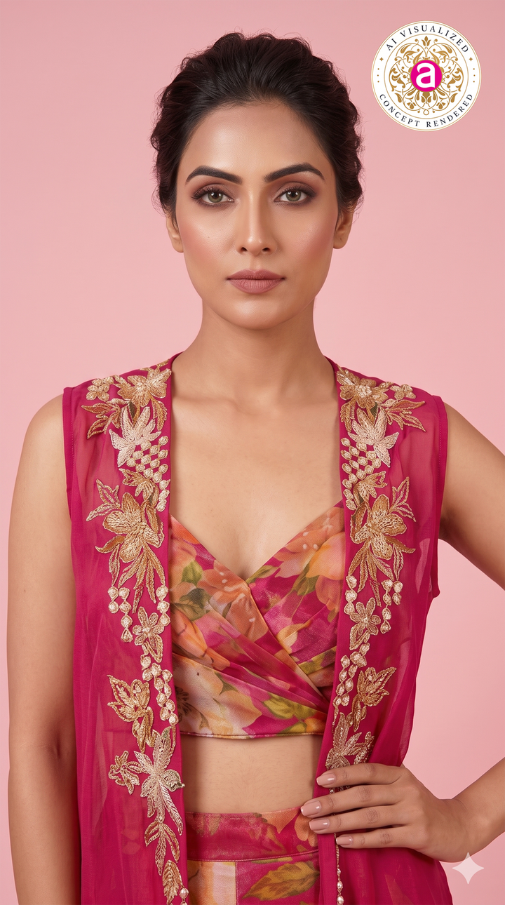 Fuchsia Floral Printed Palazzo Set with Embroidered Cape