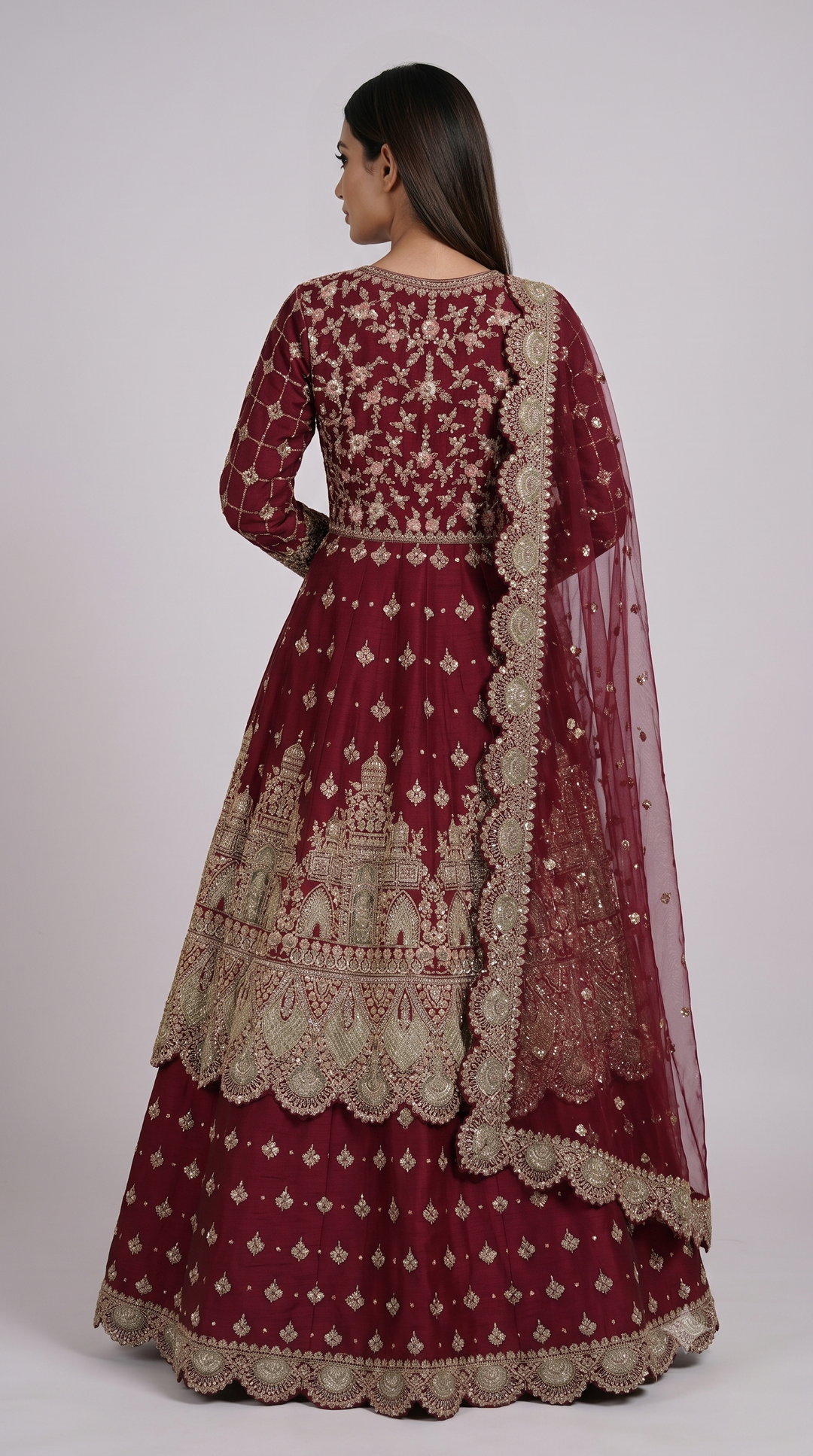 Wine Maroon Embroidered Anarkali Gown Set with Net Dupatta