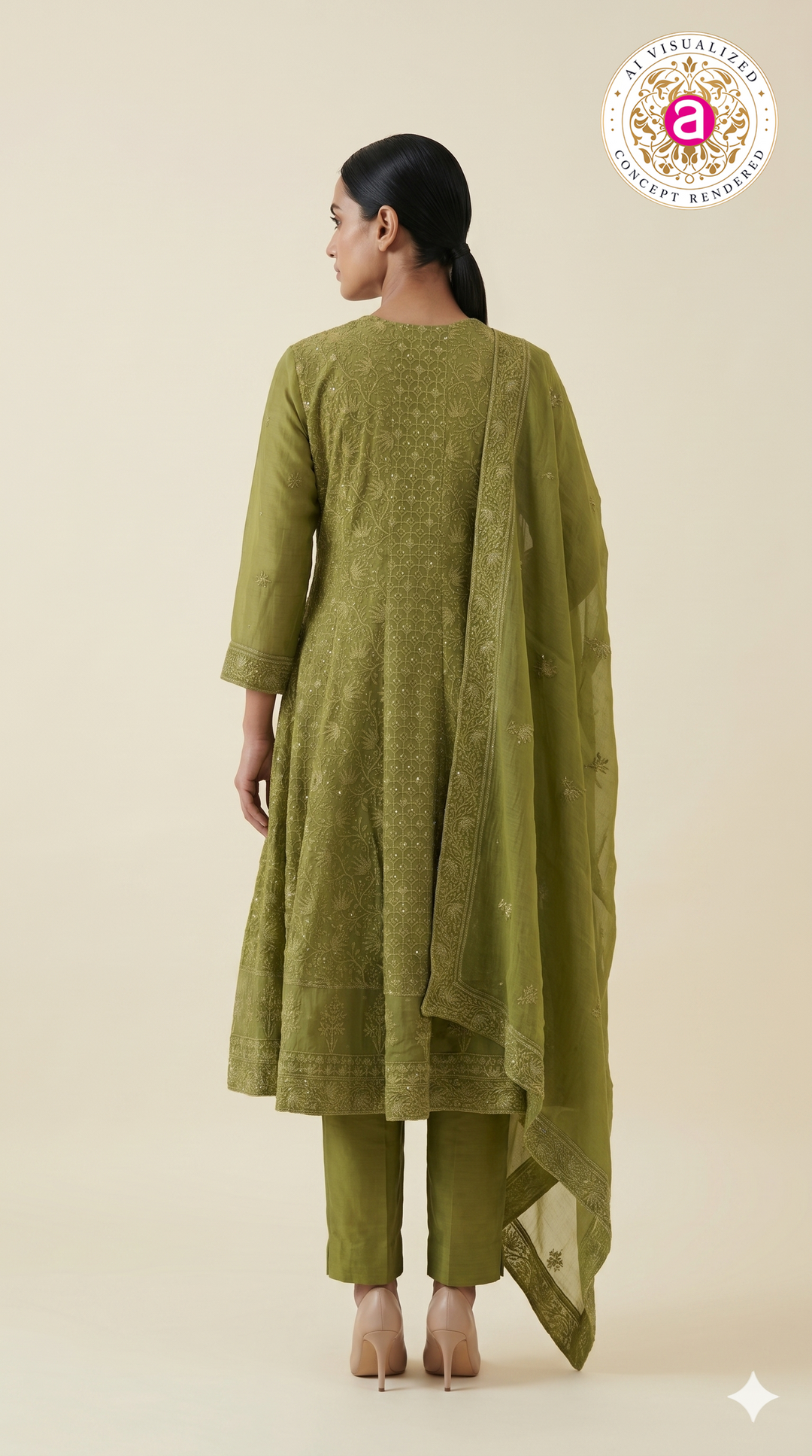 Olive Green Embroidered Anarkali Suit Set with Dupatta
