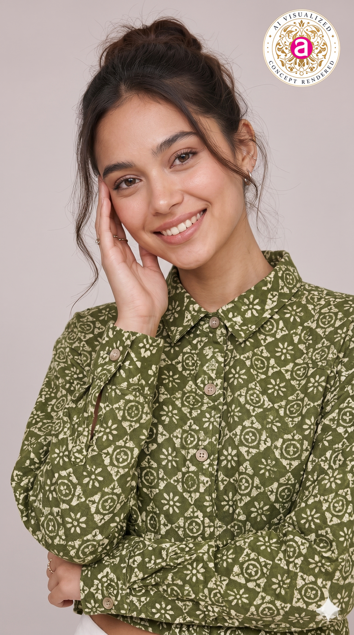 Olive Green Geometric Printed Crop Shirt Top