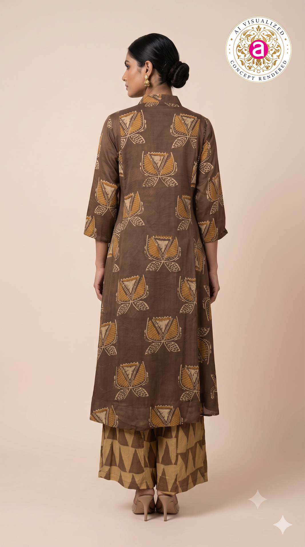 Brown Printed A-Line Kurta Set with Palazzo