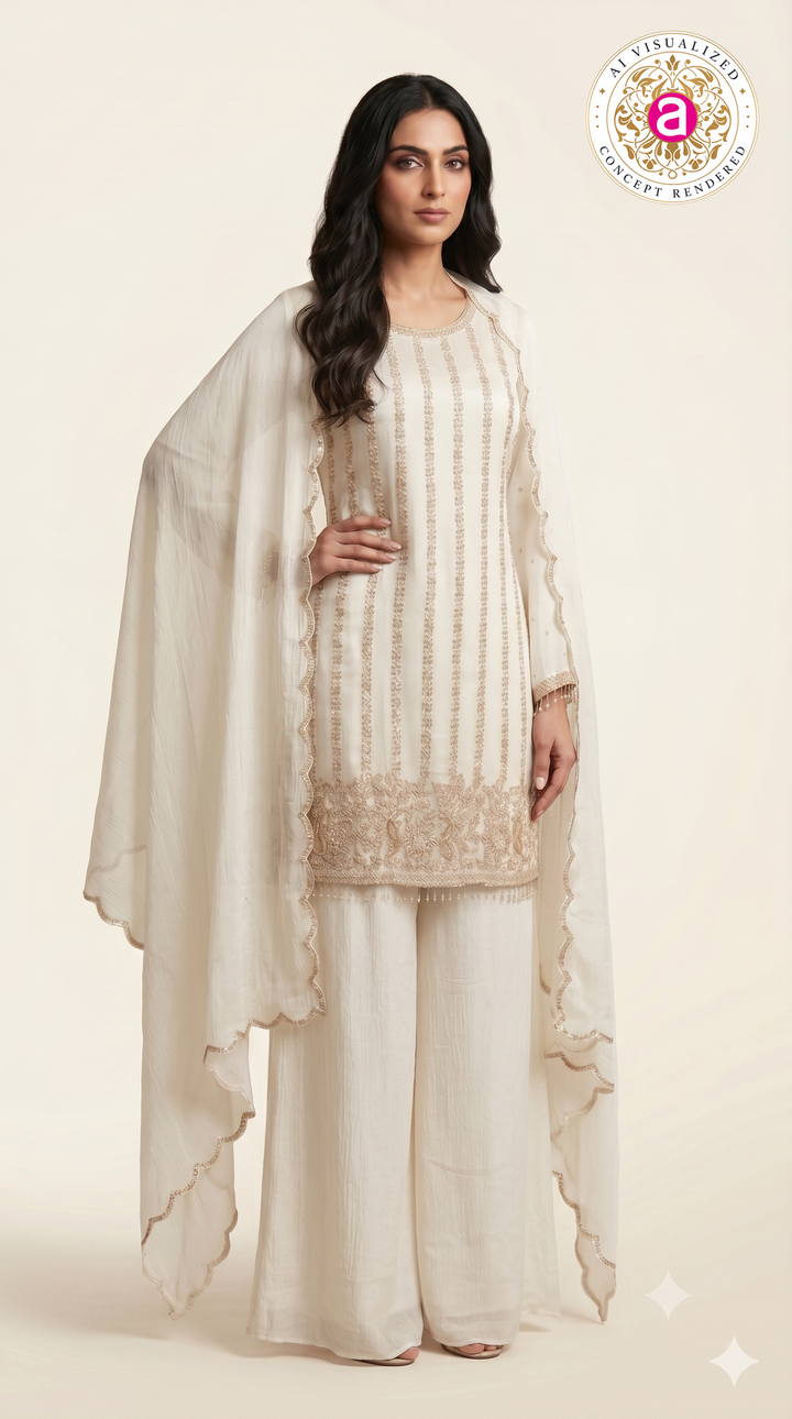 Elegant Ivory Embroidered Kurta Palazzo Set with DupattaElegant Ivory Embroidered Kurta Palazzo Set with Dupatta