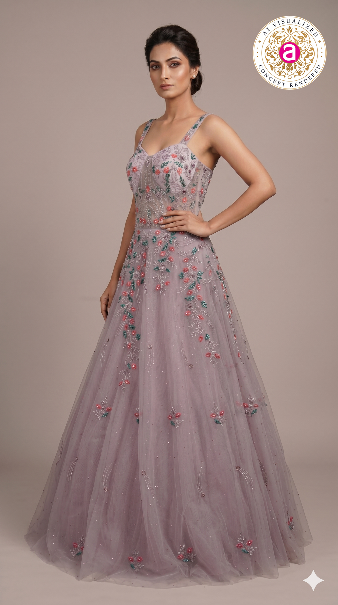 Dusty Lavender Floral Embroidered Ball Gown with Crystal Embellishments