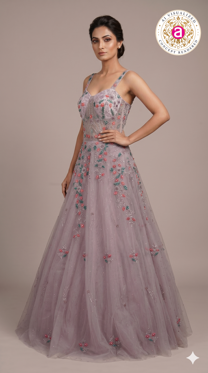 Dusty Lavender Floral Embroidered Ball Gown with Crystal Embellishments