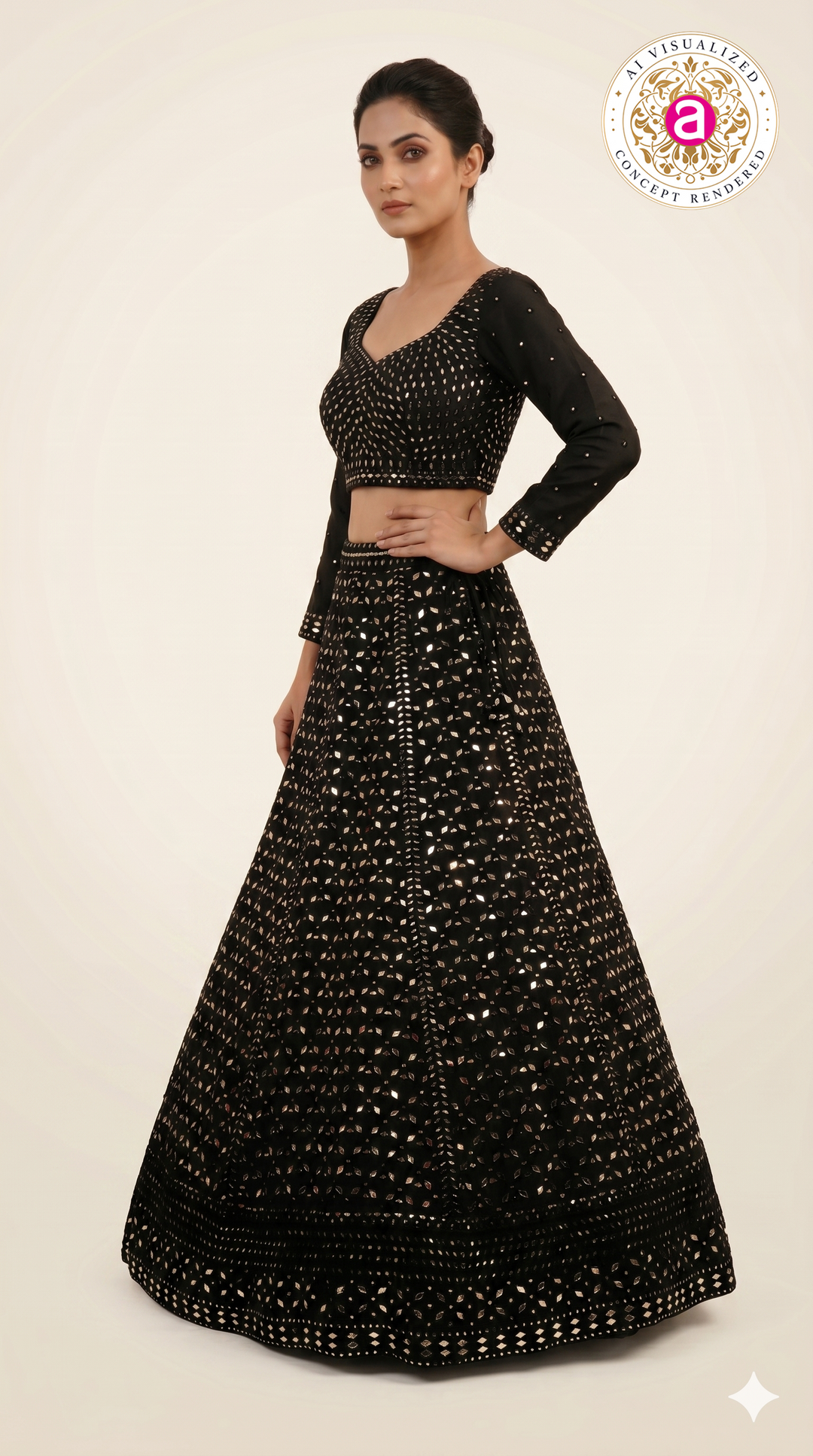 Midnight Black Mirror Work Lehenga Set with Full Sleeve Designer Blouse