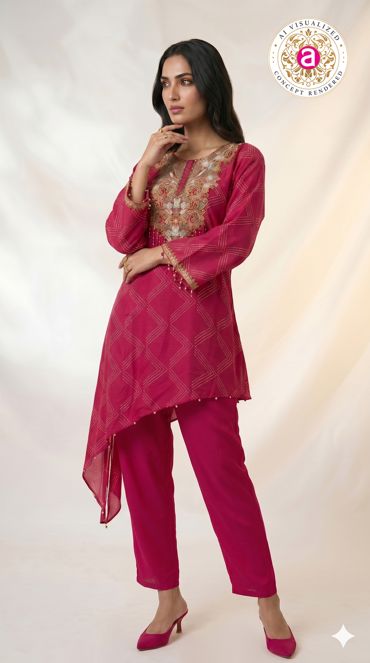 Rani Pink Embroidered Asymmetric Co-ord Set