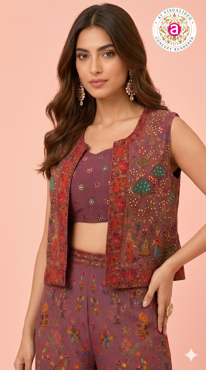 Mauve Stone Work Palazzo Set with Crop Top & Jacket