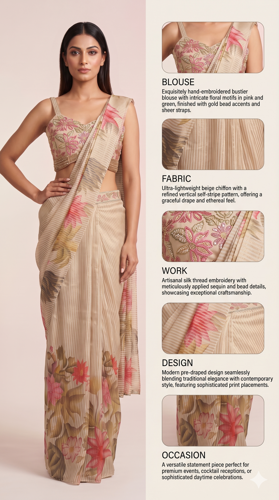 Beige Floral Ready-to-Wear Saree with Embroidered Blouse