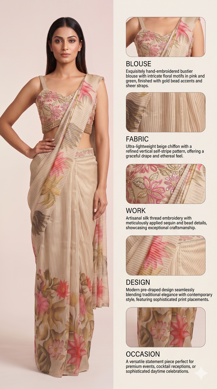 Beige Floral Ready-to-Wear Saree with Embroidered Blouse