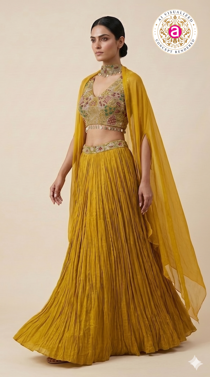 Mustard Yellow Embroidered Lehenga Set with Cape Sleeves & Choker Detail