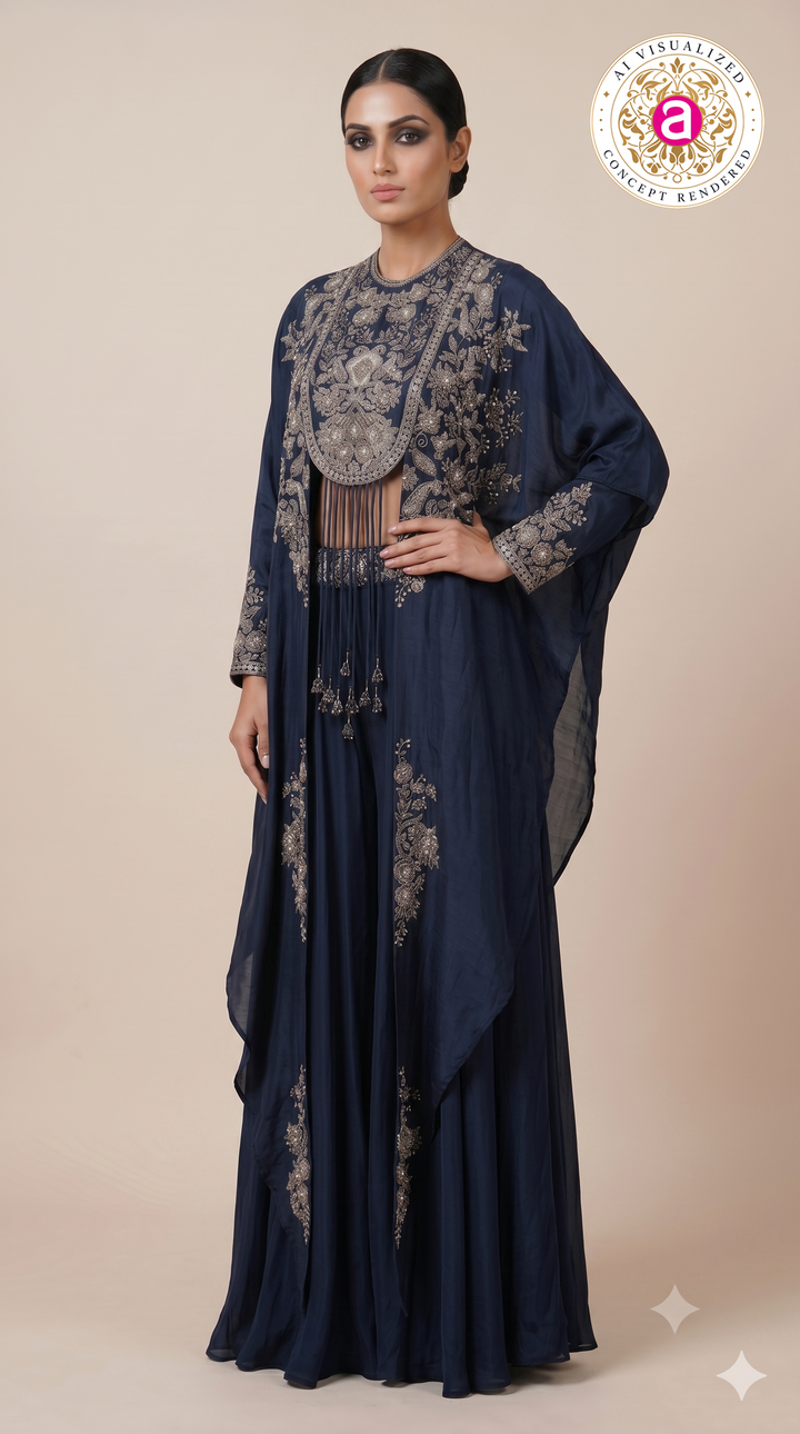 Midnight Blue Embroidered Cape Style Designer Ensemble