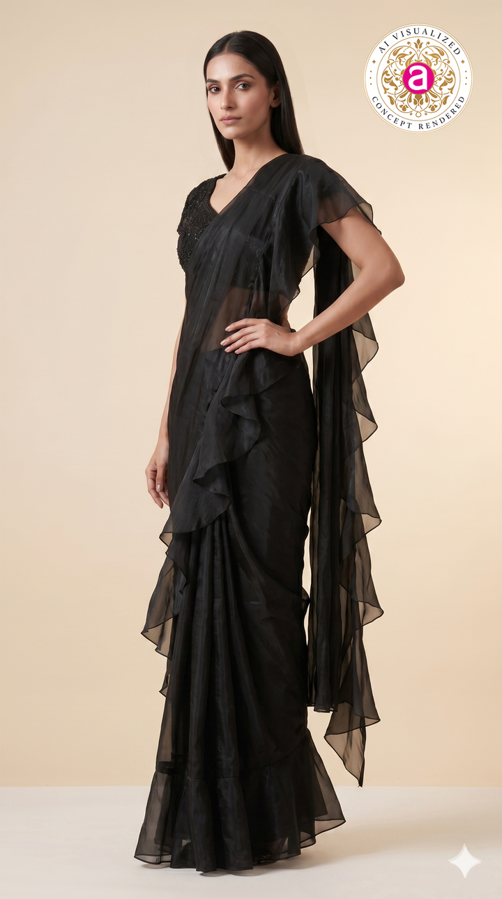 Elegant Black Ruffle Saree with Embellished Blouse