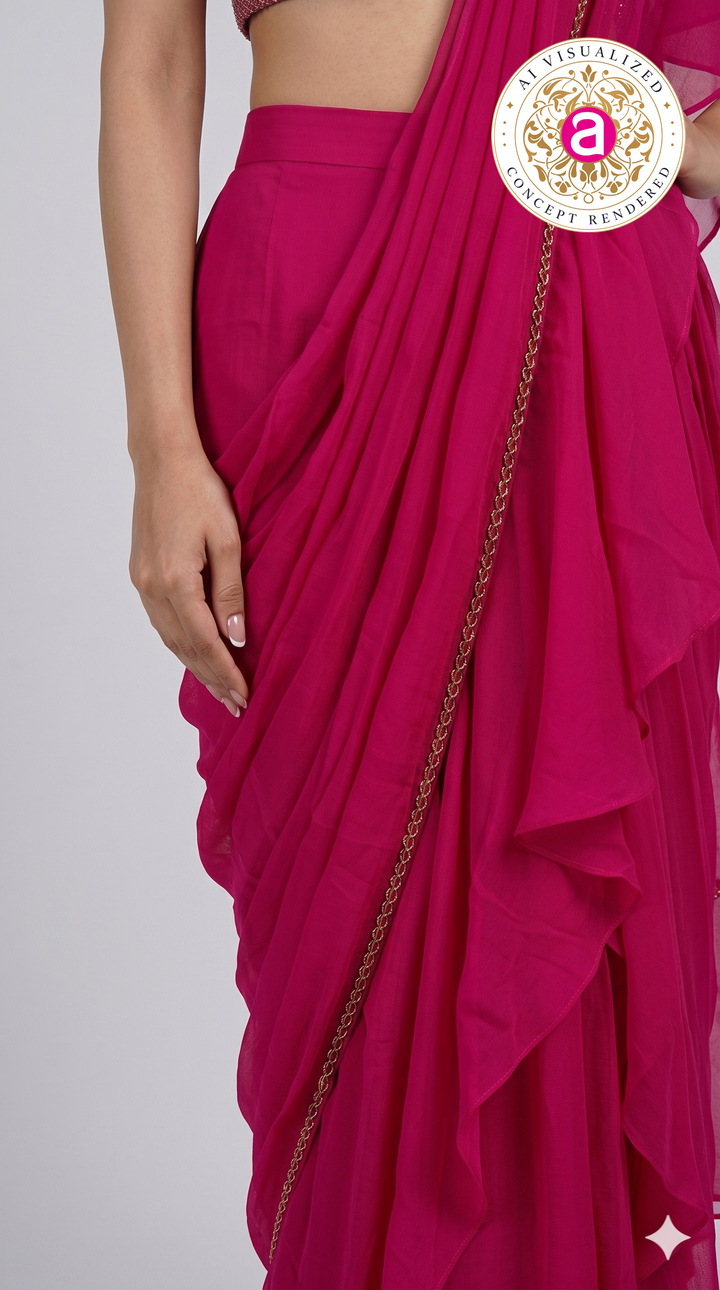 Hot Pink Ruffle Drape Designer Saree with Embellished Blouse