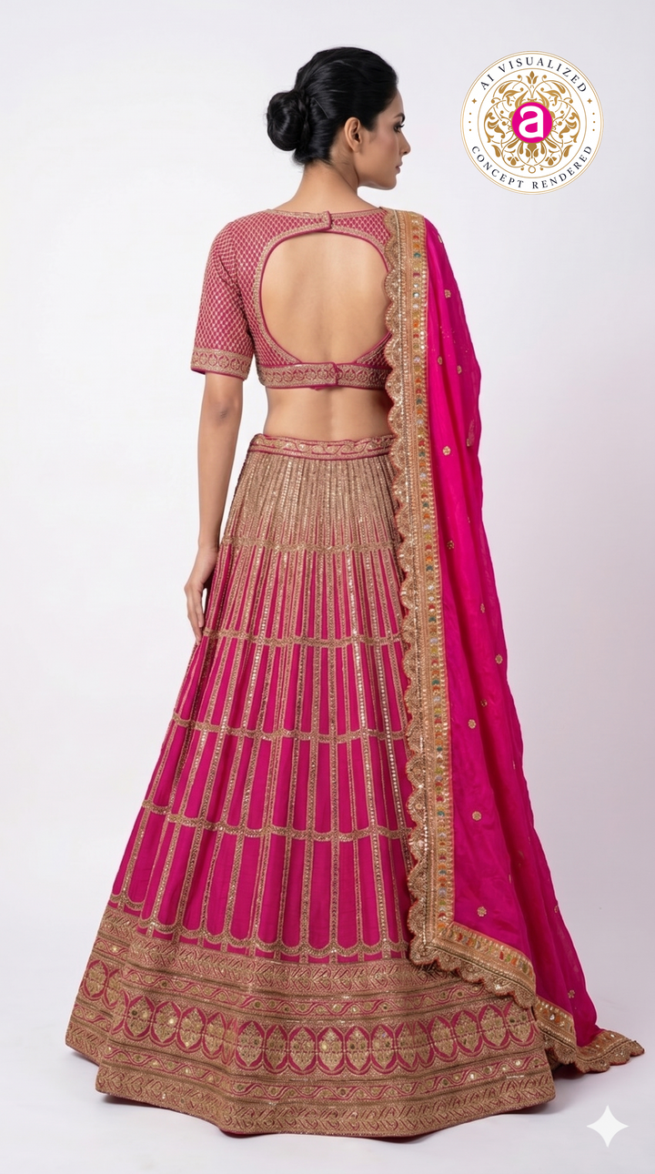 Rani Pink Embroidered Lehenga Choli with Zari Work & Dupatta