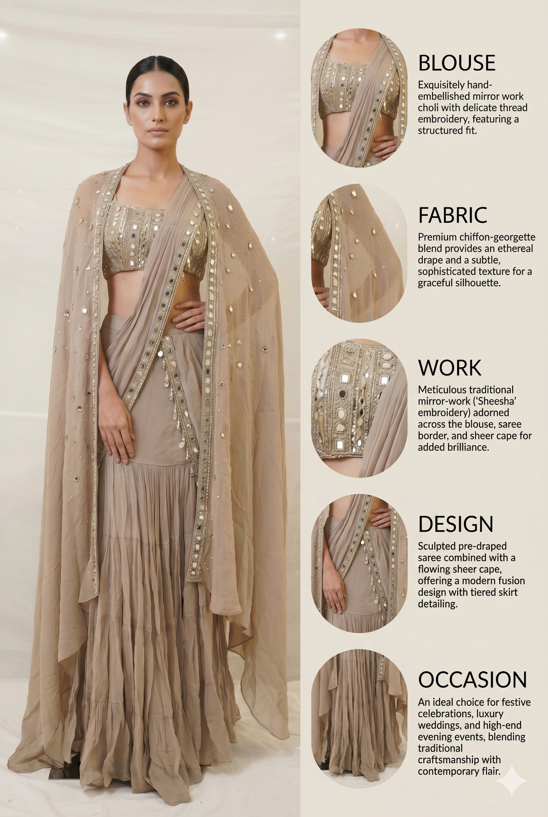 Taupe Mirror Embellished Ready-to-Wear Saree with Cape Dupatta