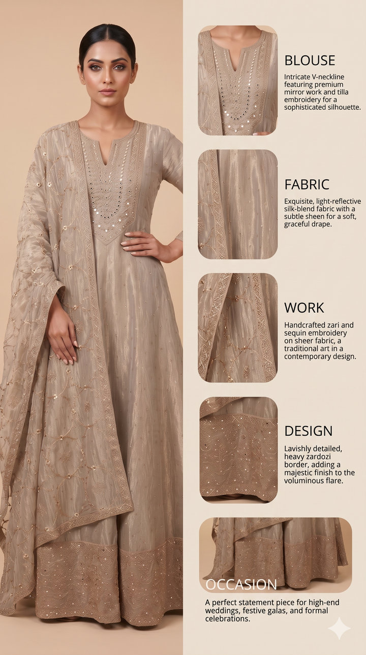 Champagne Beige Embroidered Anarkali Suit Set with Dupatta