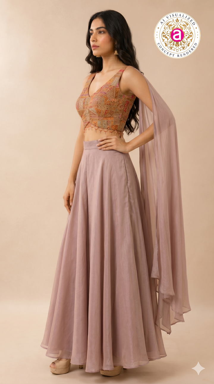 Mauve Palazzo Set with Multicolour Embroidered Blouse & Cape Dupatta
