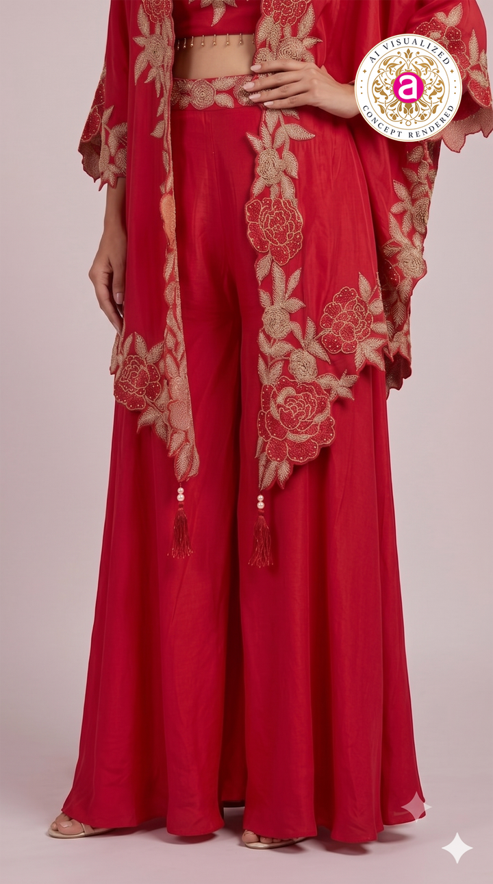 Crimson Red Palazzo Set with Embroidered Cape