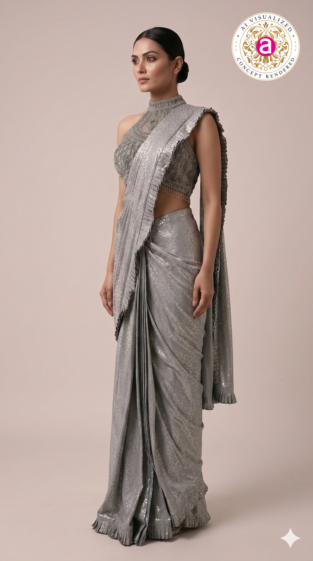 Steel Grey Ready to Wear Saree with Embellished Halter Blouse
