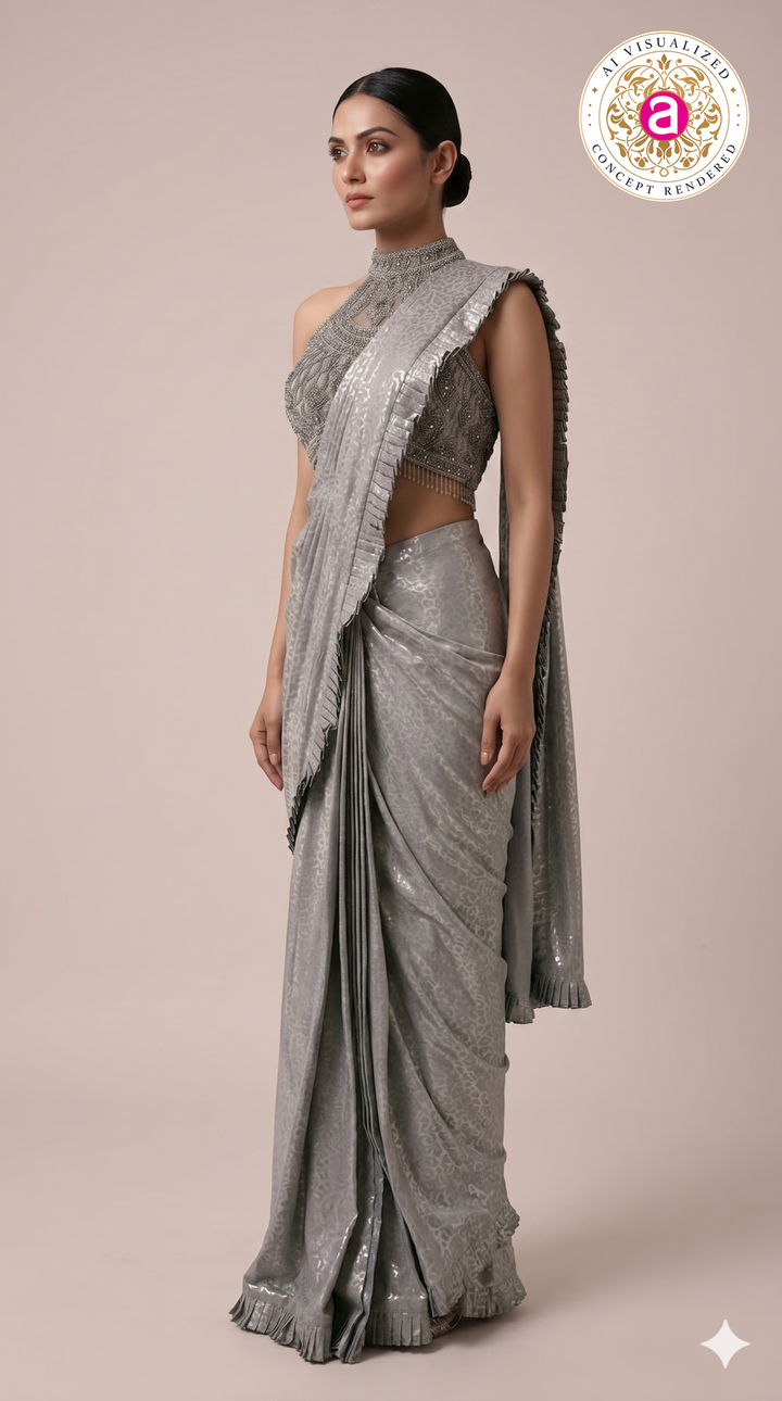 Steel Grey Ready to Wear Saree with Embellished Halter Blouse