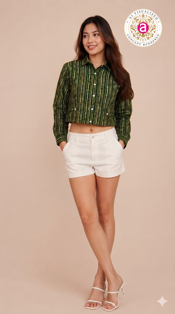 Olive Green Striped Crop Shirt Top