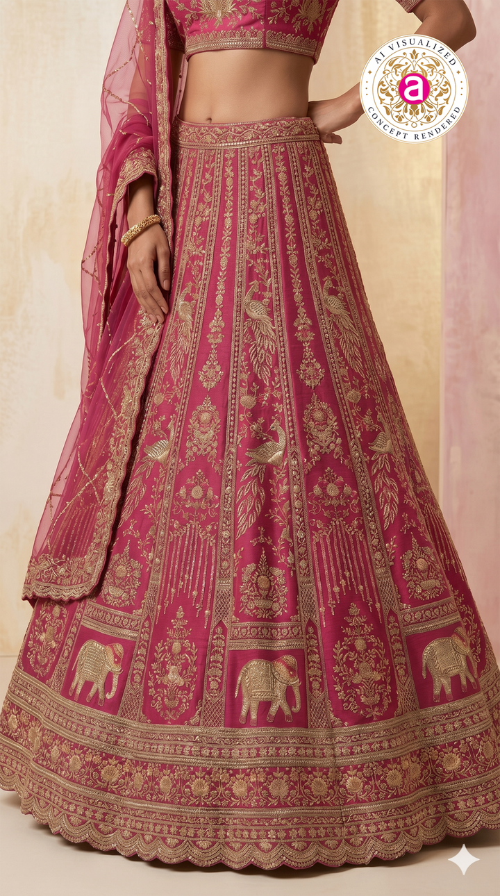 Rani Pink Designer Bridal Lehenga Set with Heavy Zari Embroidery & Net Dupatta