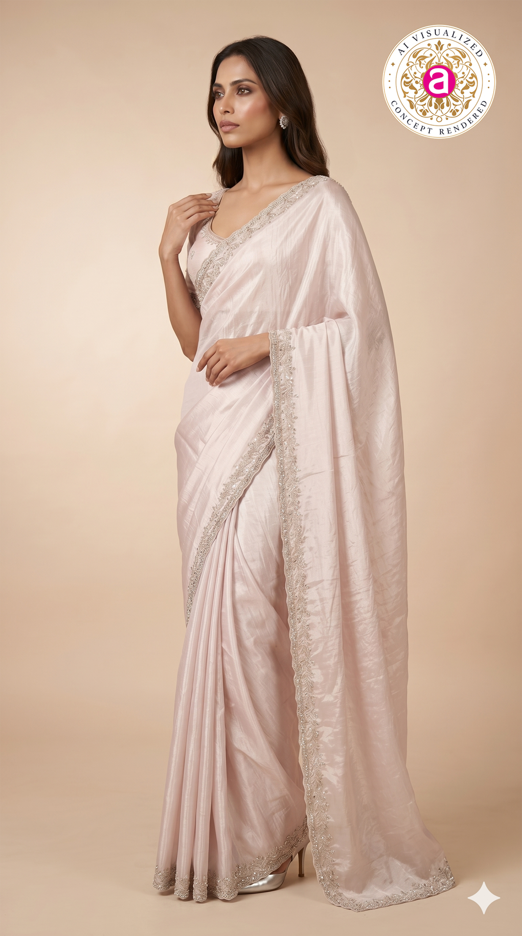 Blush Pink Hand-Embellished Designer Saree with Mirror Work Border