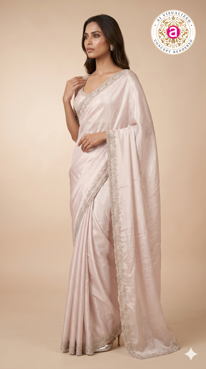Blush Pink Hand-Embellished Designer Saree with Mirror Work Border