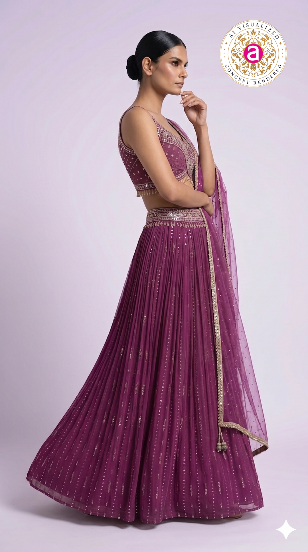 Deep Wine Pleated Lehenga Choli with Embellished Cross Blouse & Sheer Dupatta