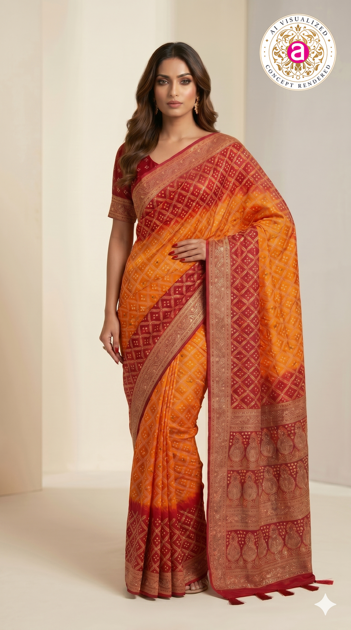 Sunset Orange & Crimson Red Bandhani Silk Saree with Zari Border