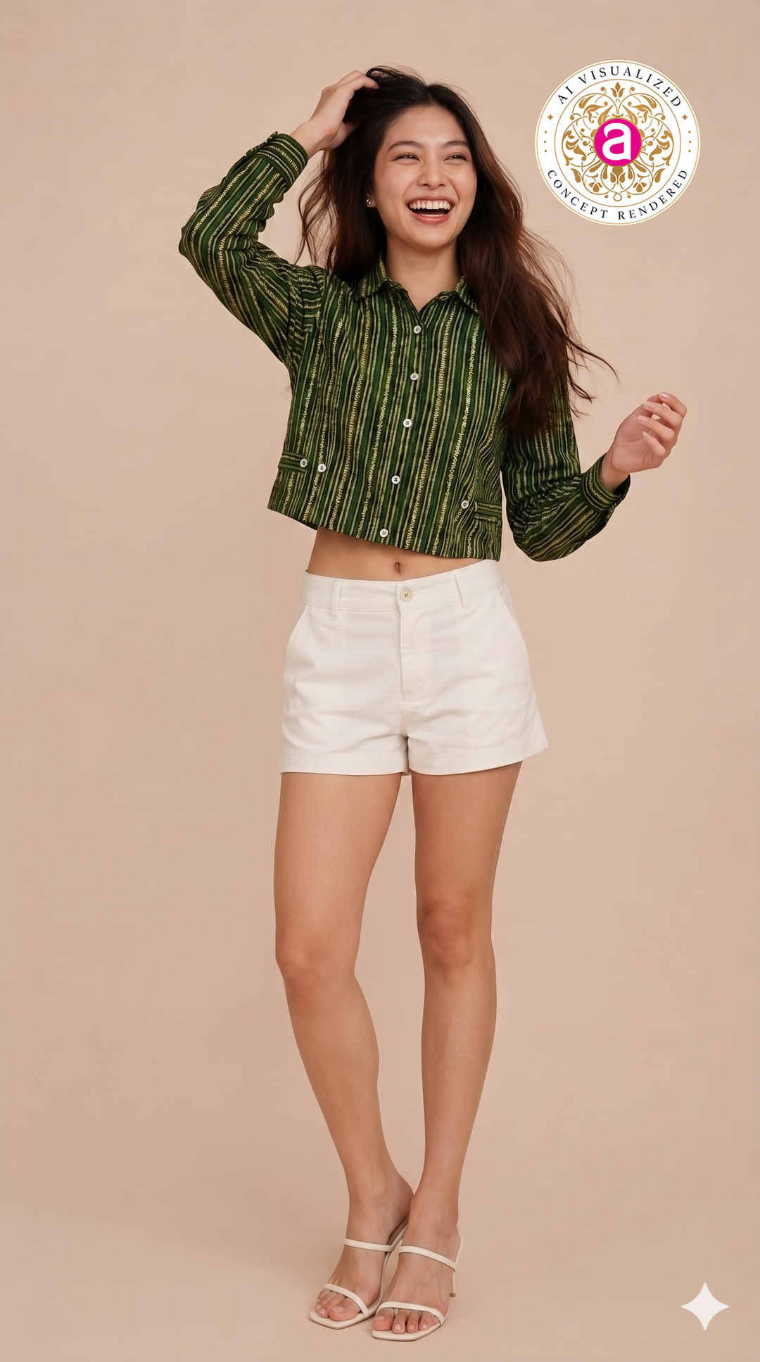 Olive Green Striped Crop Shirt Top