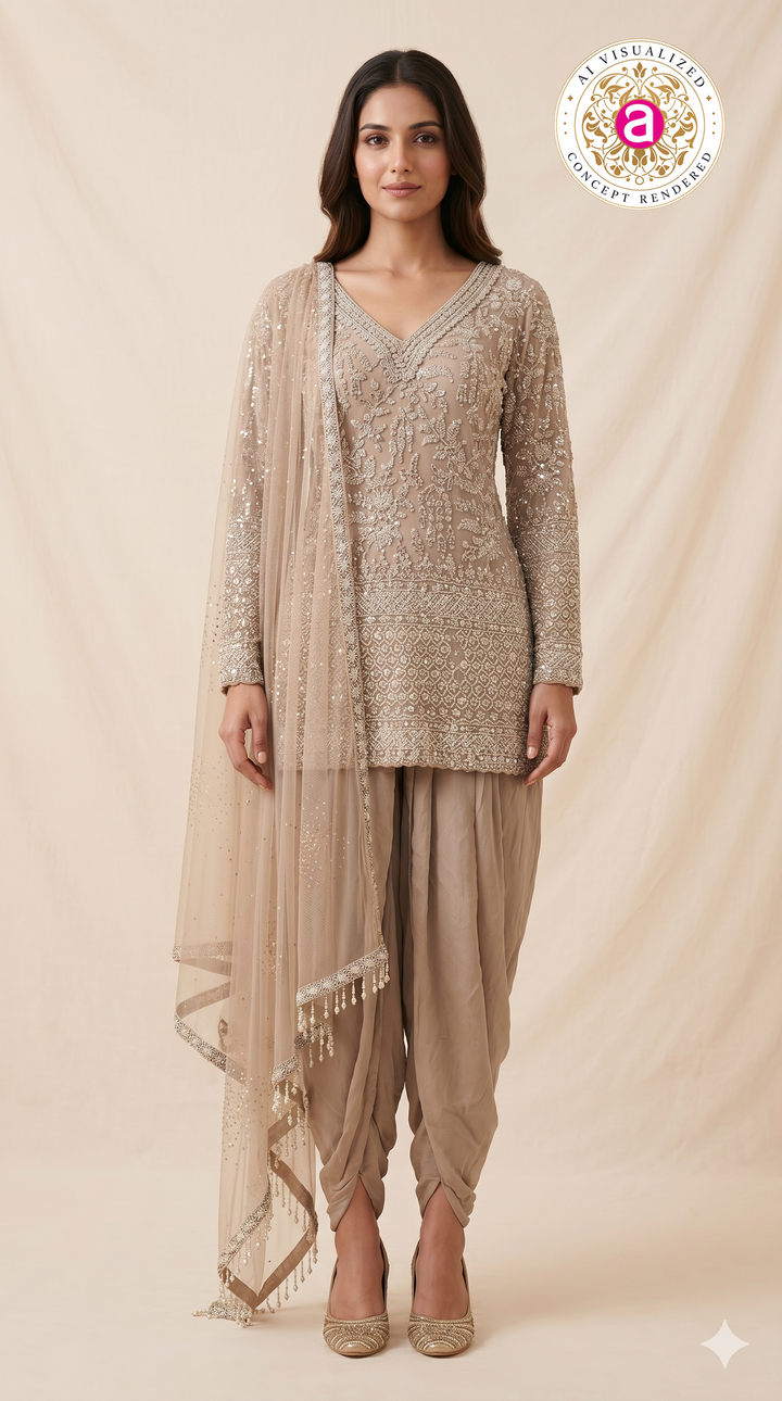 Taupe Beige Heavily Embroidered Kurta Set with Draped Dhoti Pants & Net Dupatta