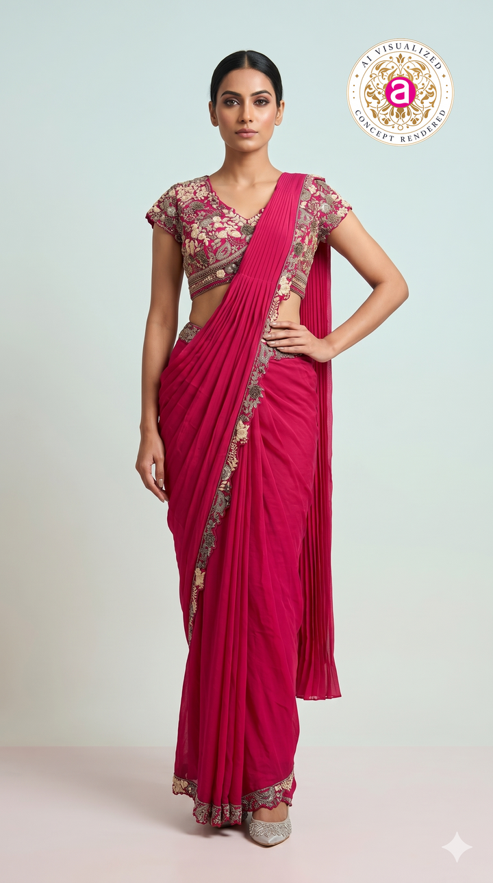 Rani Pink Ready-to-Wear Saree with Heavy Embroidered Blouse & Zari Border