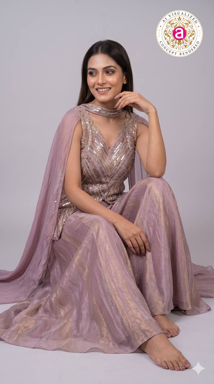Dusty Mauve Sequined Cape Style Palazzo Set
