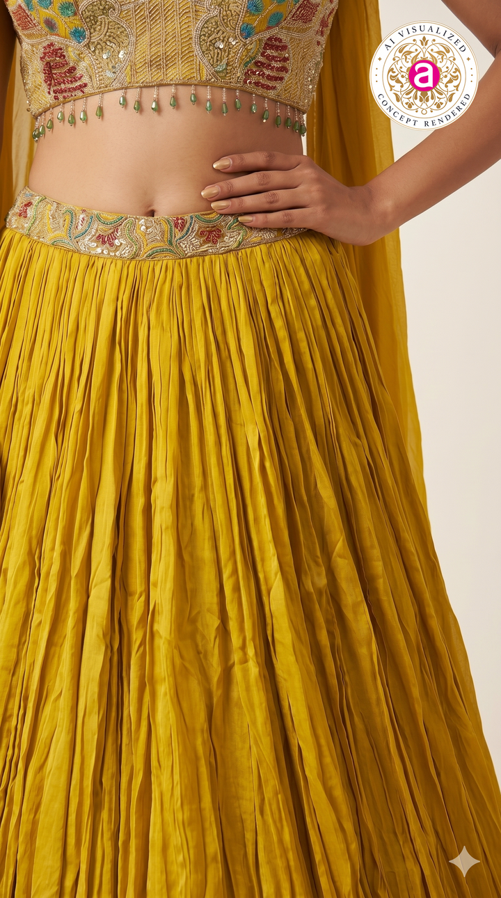 Sunshine Yellow Crushed Silk Festive Lehenga Set