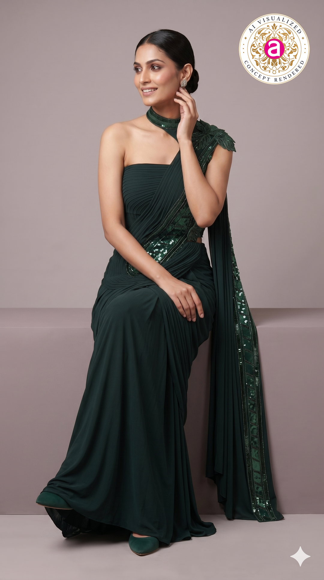 Emerald Green Ready-to-Wear Saree with Sequined Embellishments & Designer Neck Detail