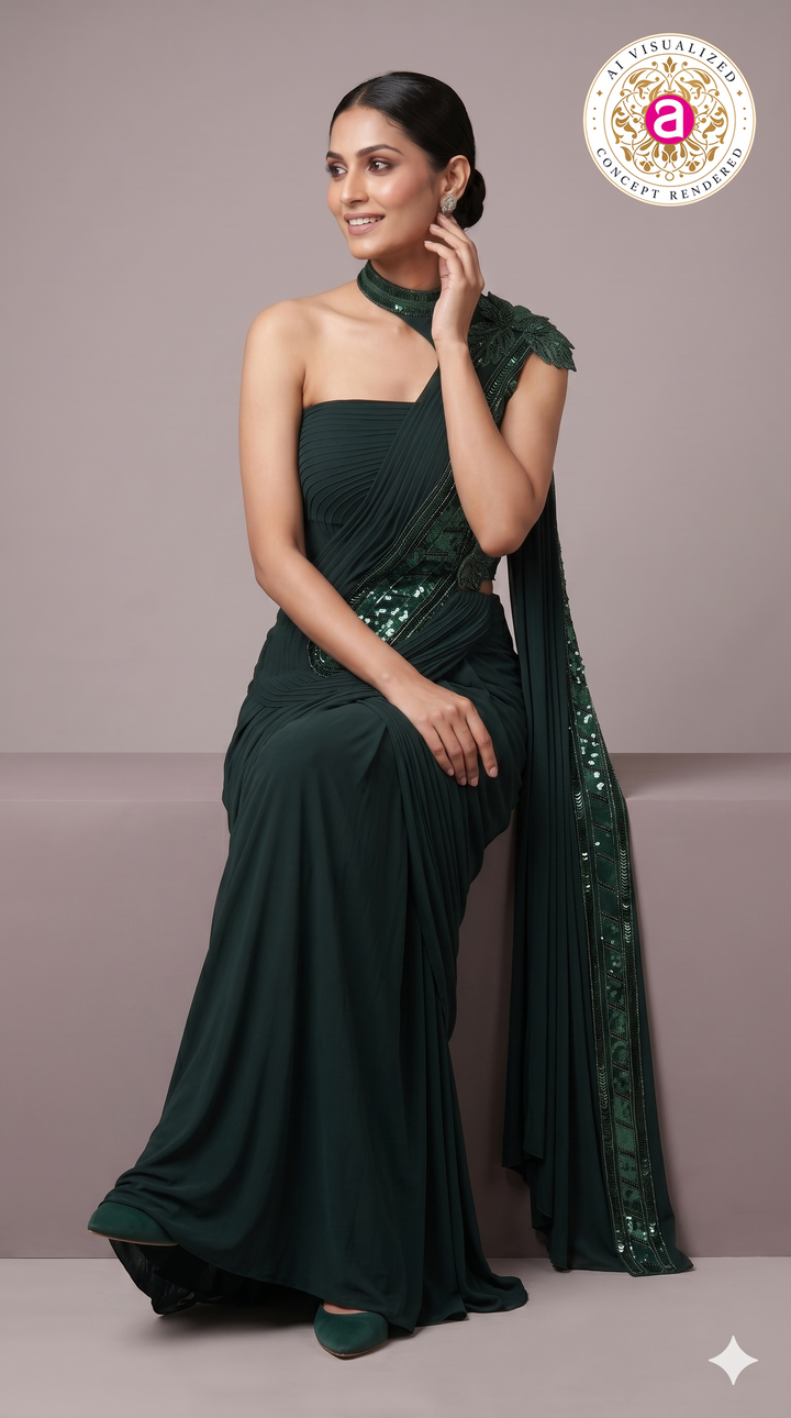 Emerald Green Ready-to-Wear Saree with Sequined Embellishments & Designer Neck Detail