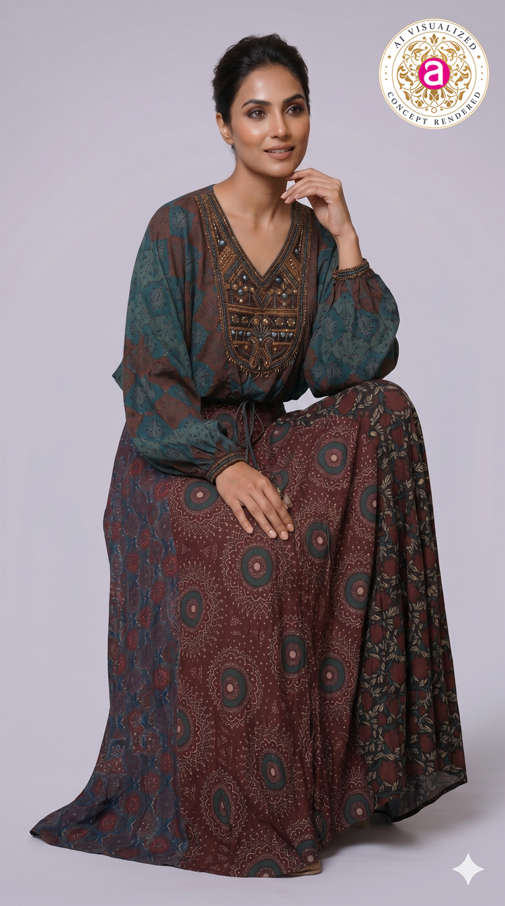 Bohemian Printed Co-Ord Set with Embellished Crop Top & Maxi Skirt