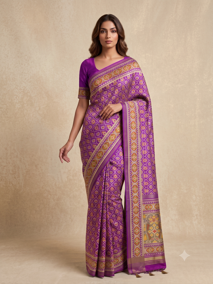 Patola Weaving Silk Saree with Traditional Ikat Diamond Weave & Elegant Zari Border