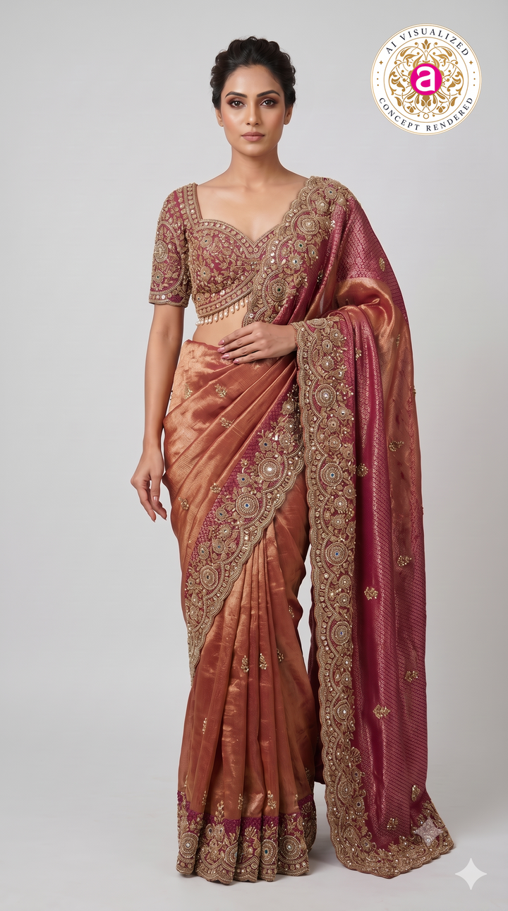 Rose Gold Tissue Saree with Wine Embroidered Border
