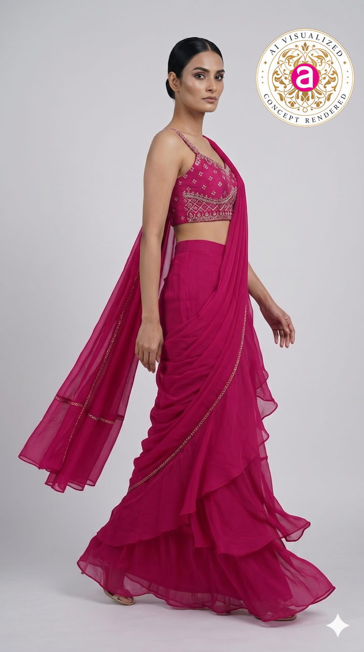 Hot Pink Ruffle Drape Designer Saree with Embellished Blouse