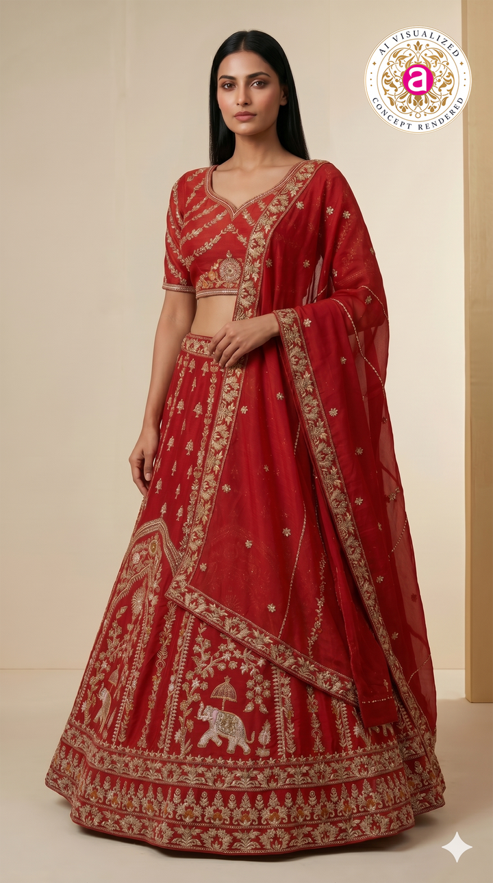 Royal Red Bridal Lehenga Set with Heritage Zari Embroidery & Elephant Motif Border